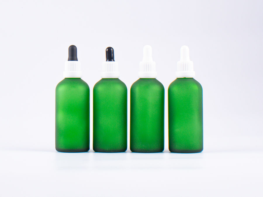 Grünglasflasche 100ml, mit Pipette OV weiss